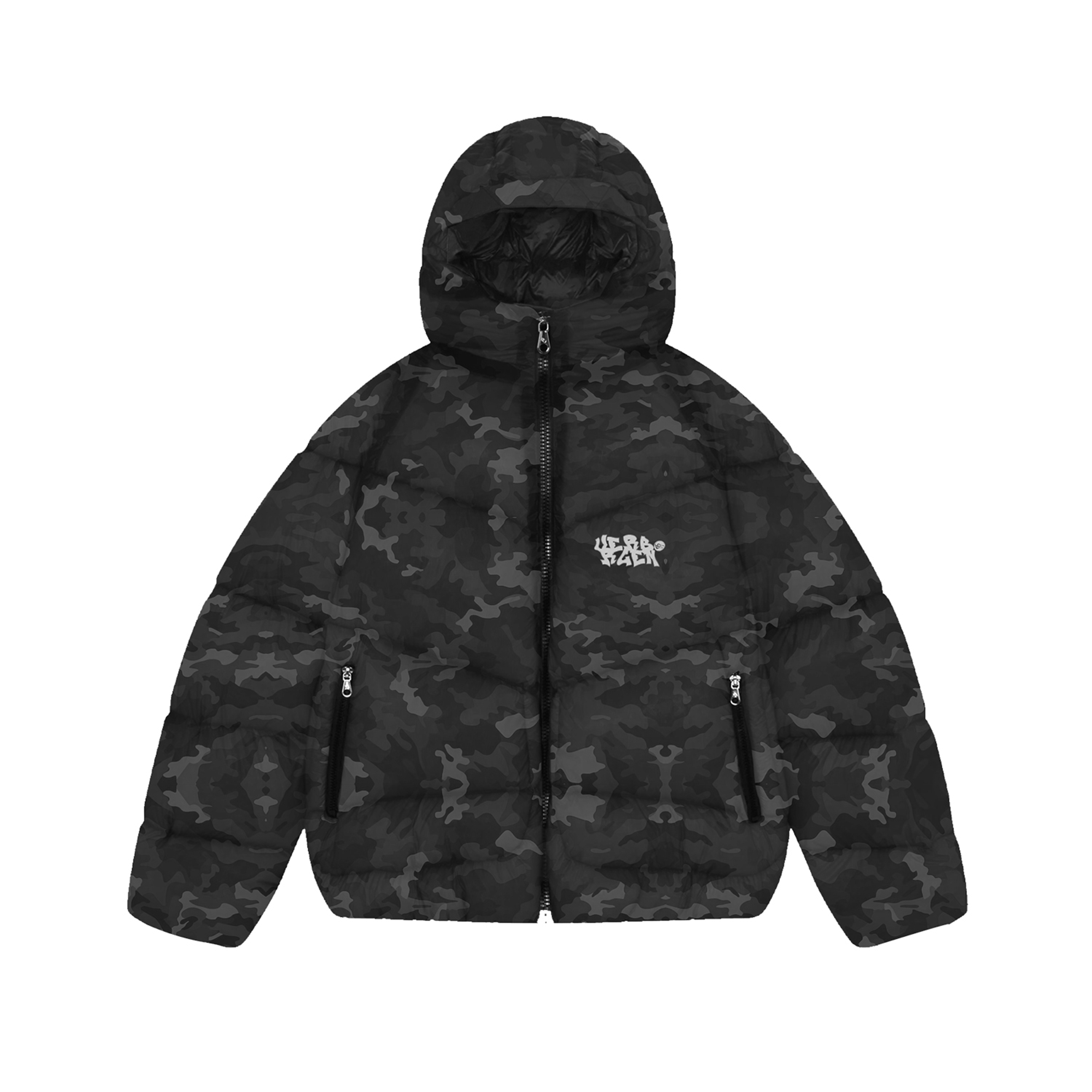 Grafitti Logo Camo Puffer Jacket - Black