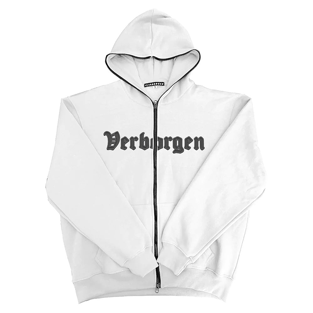 Full Zip up Embroidery Hoodie - White